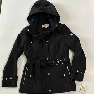 NWT Michael Kors Coat Jacket Hood Black Silver Logo Zipper Pockets Belted